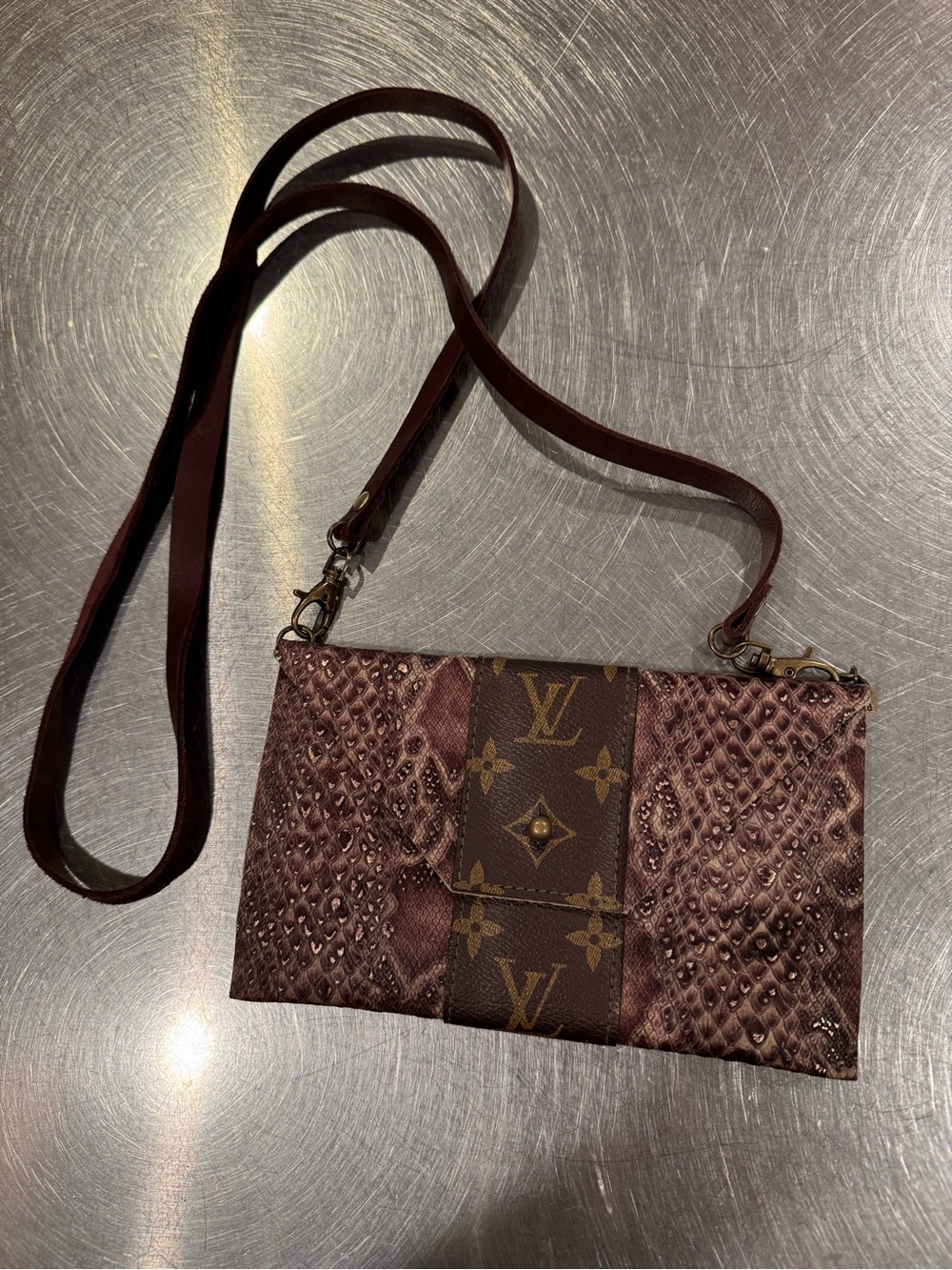 Upcycled Brown Monogram & Snake-Print Crossbody Pochette